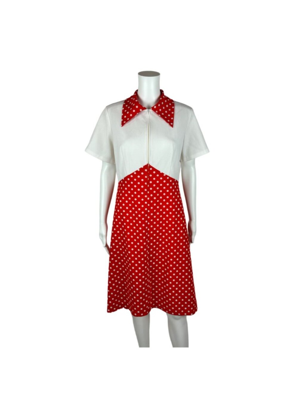 Vintage 70s Polka Dot Dress Women's Large Red White Front Zip Up Mini Minnie Bab - Picture 2 of 11
